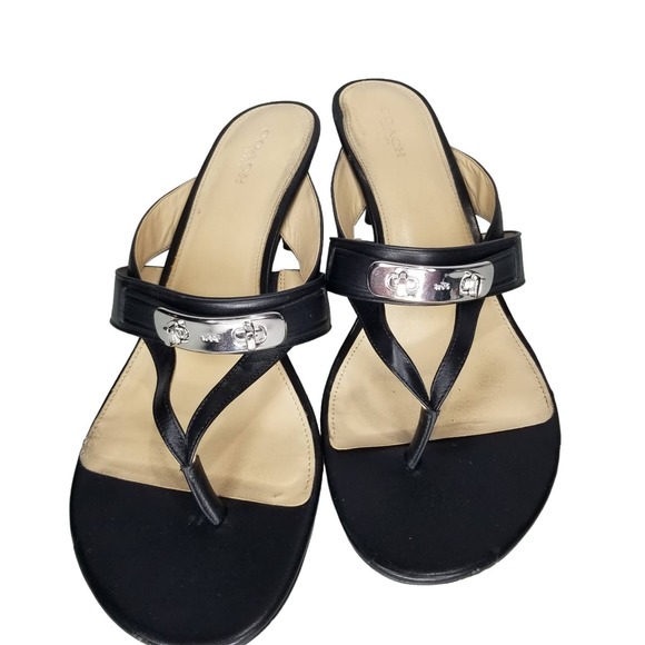 Coach Shoes 11B Heels Black Thong Kitten Heel Olina Turnlock Crossover - Picture 1 of 8